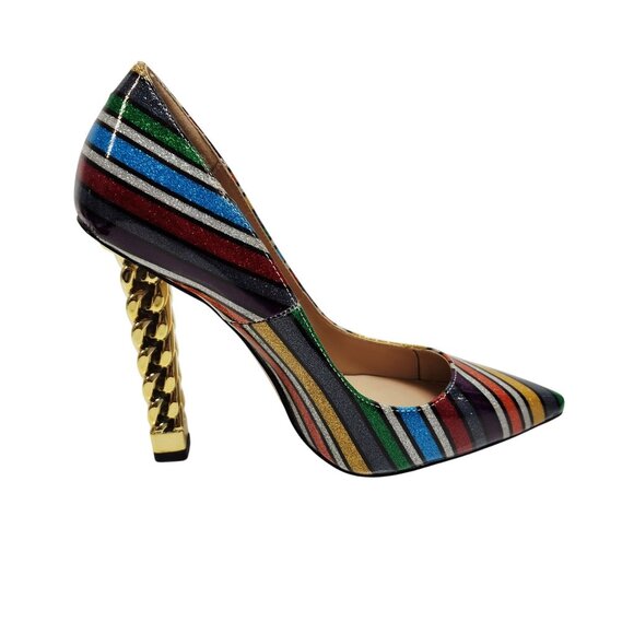 FSJ Womens Pointed Toe Chain Heel Striped Multicolor Pumps Size 8 - Picture 7 of 11